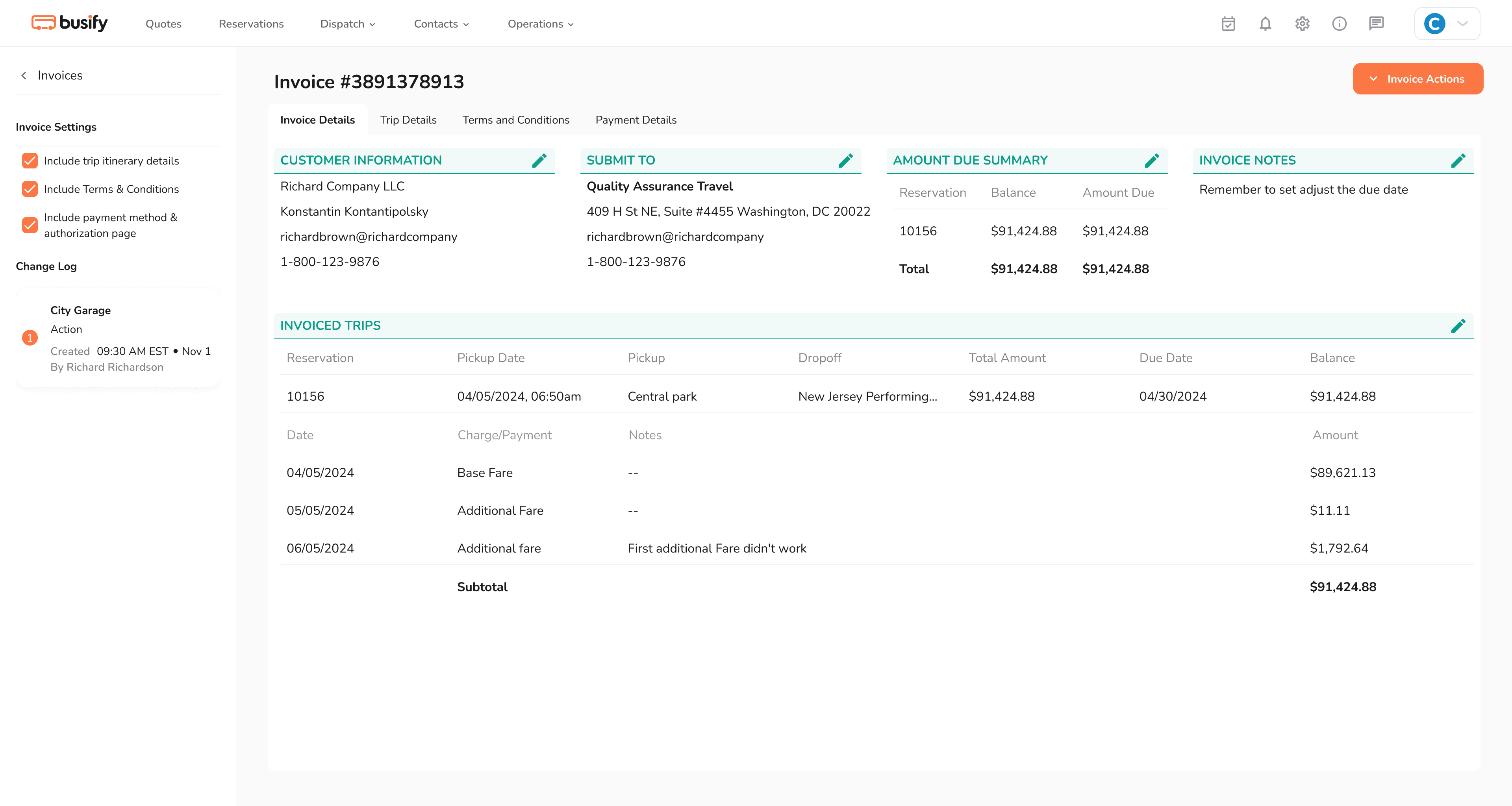 Invoice page with side panel, older look