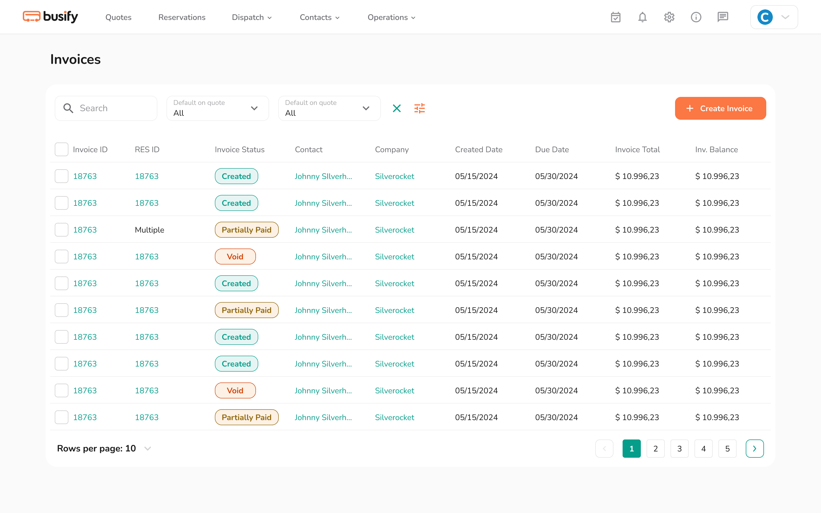 Invoice table view