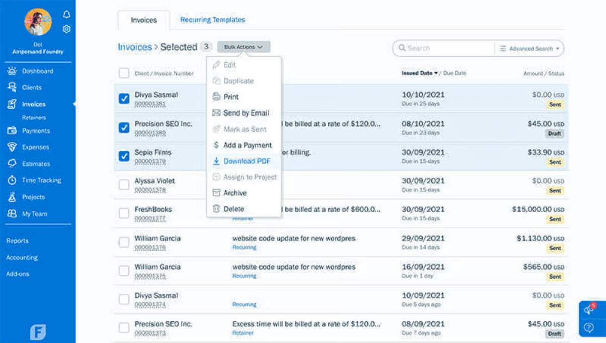 FreshBooks bulk invoice actions